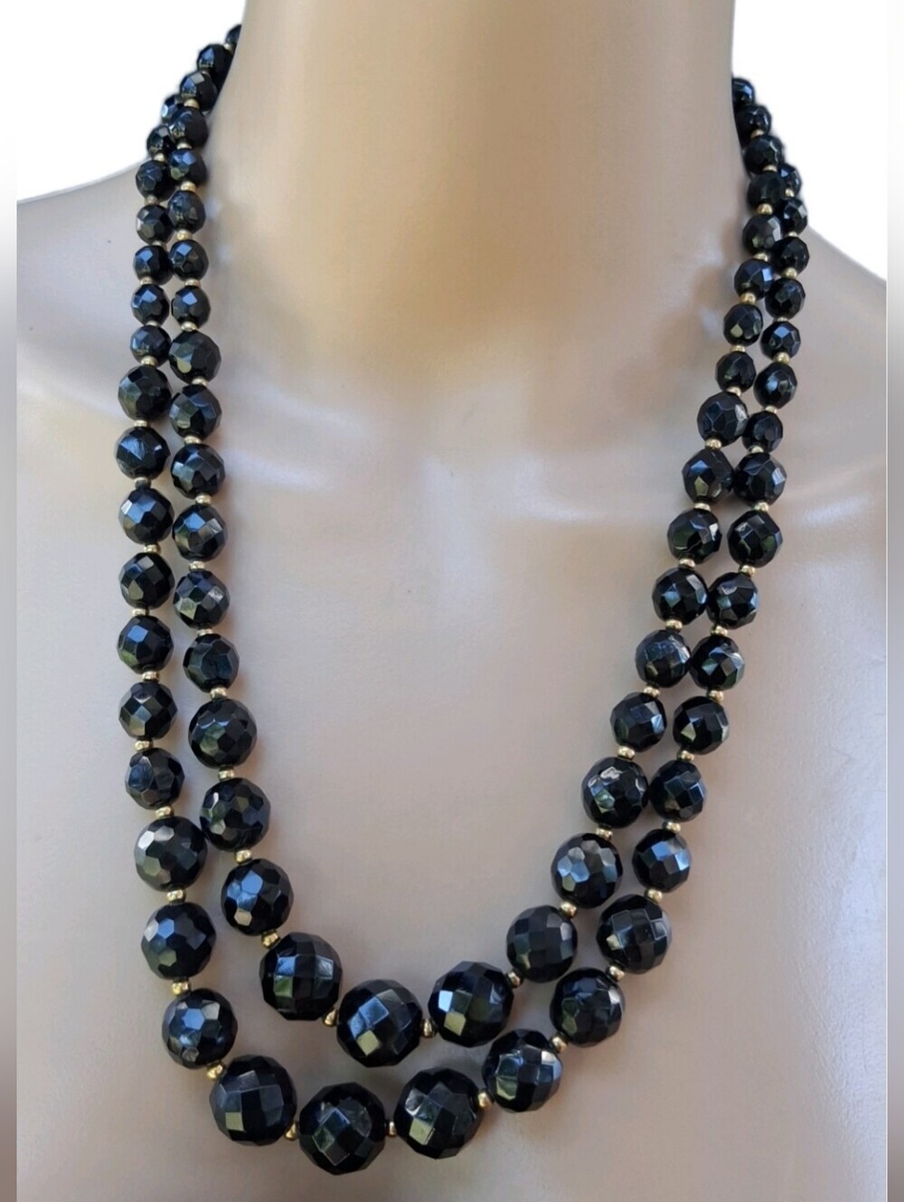 Vintage Mid-Century Double Strand Black Faceted Glass Bead Necklace - MCM Glam